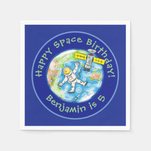 Funny astronaut with satellite over earth cartoon napkins