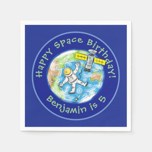 Funny astronaut with satellite over earth cartoon napkins
