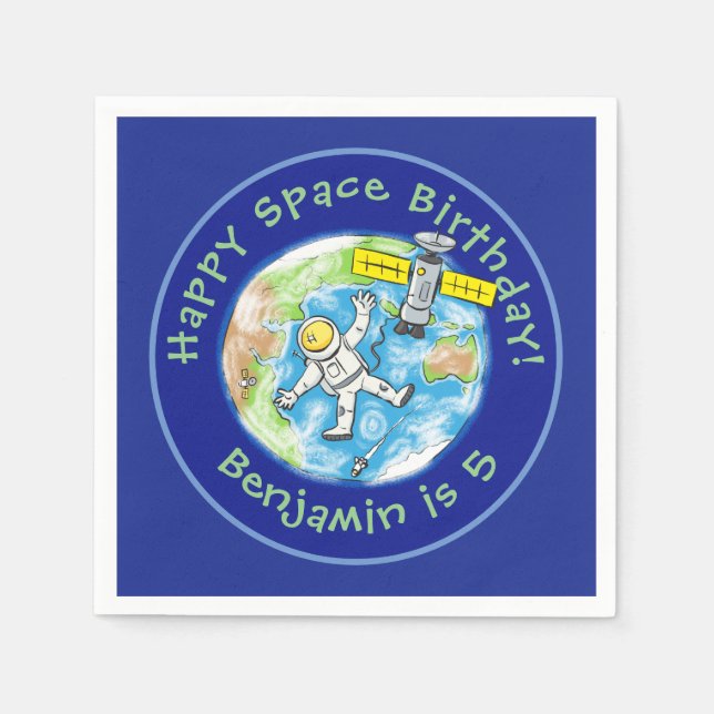 Funny astronaut with satellite over earth cartoon napkins (Front)