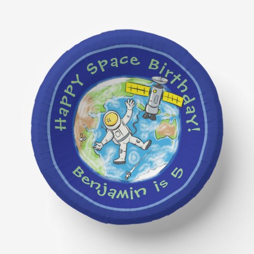 Funny astronaut with satellite over earth cartoon paper bowls