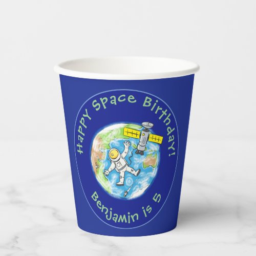 Funny astronaut with satellite over earth cartoon paper cups