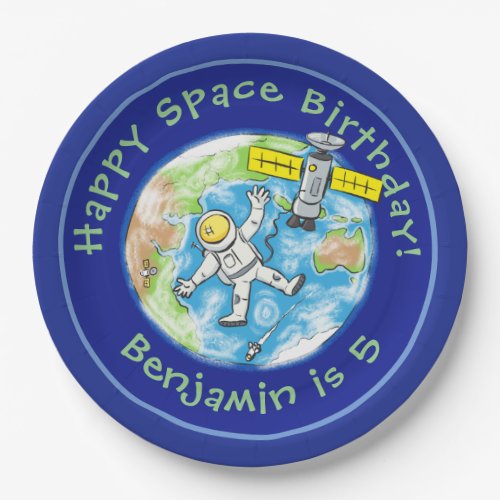 Funny astronaut with satellite over earth cartoon paper plates