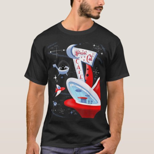 Funny Atomic Cat Cafe Retro Futuristic Spaceport M T_Shirt