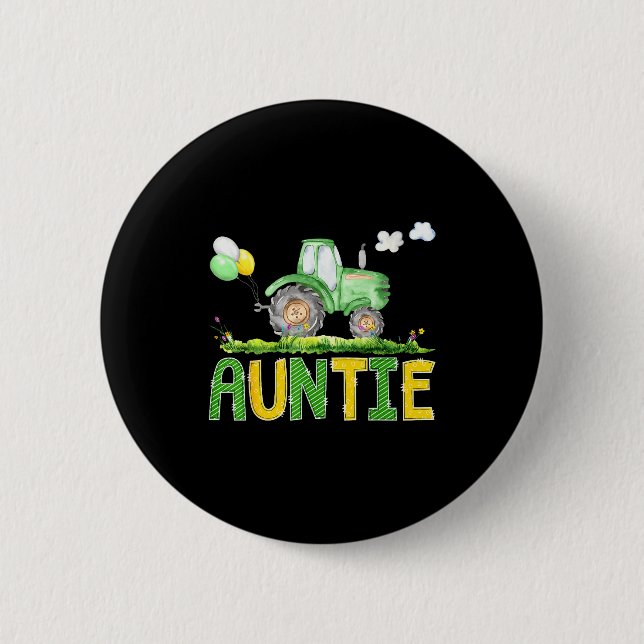 Funny Auntie Birthday Boy Tractor Farm Truck Match Button (Front)
