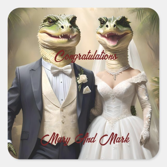 Funny Australian Crocodile Wedding, Square Sticker (Front)