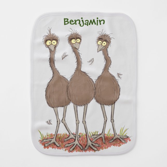 Funny Australian emu trio cartoon illustration Baby Burp Cloth (Front)