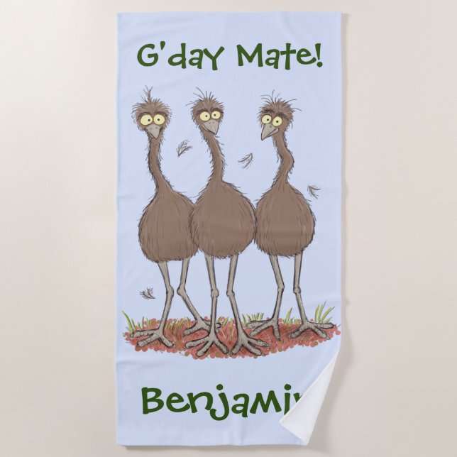 Funny Australian emu trio cartoon illustration Beach Towel (Front)