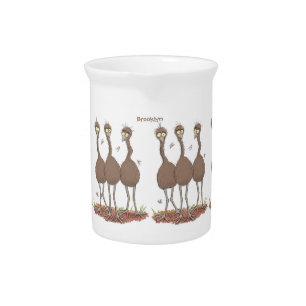 Funny Australian emu trio cartoon illustration Beverage Pitcher