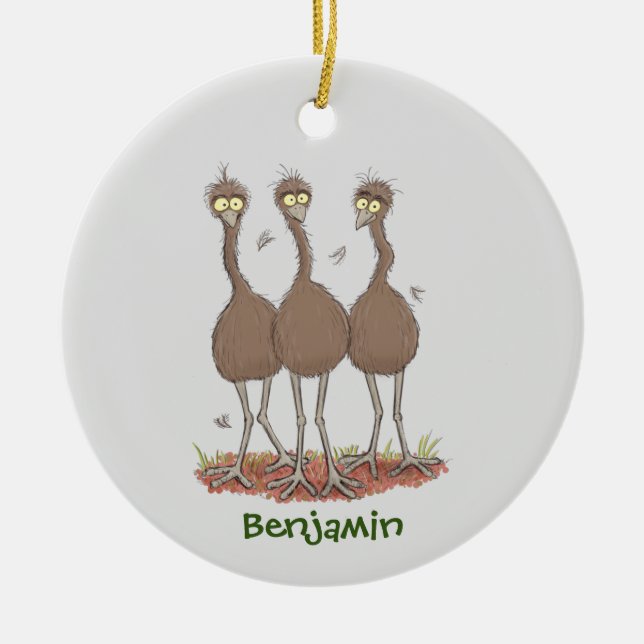 Funny Australian emu trio cartoon illustration Ceramic Ornament (Front)
