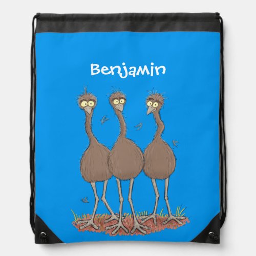 Funny Australian emu trio cartoon illustration Drawstring Bag