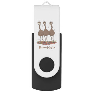 Funny Australian emu trio cartoon illustration Flash Drive
