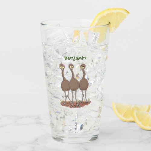 Funny Australian emu trio cartoon illustration Glass