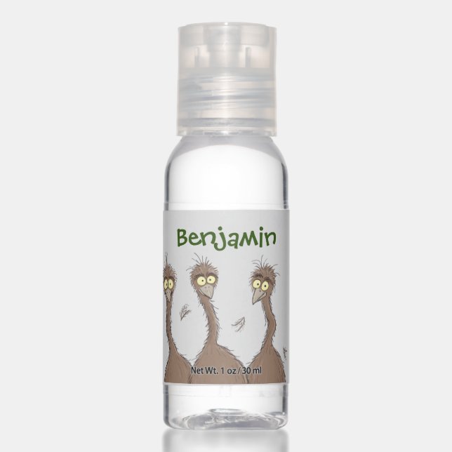 Funny Australian emu trio cartoon illustration Hand Sanitizer (Front)