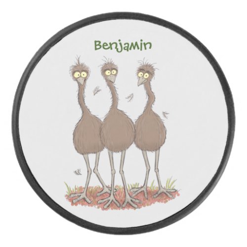 Funny Australian emu trio cartoon illustration Hockey Puck