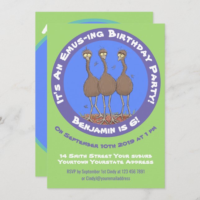 Funny Australian emu trio cartoon illustration Invitation (Front/Back)