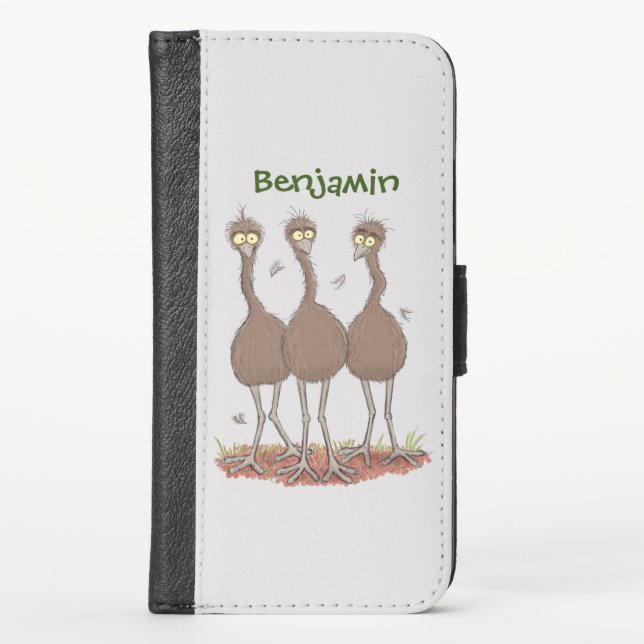 Funny Australian emu trio cartoon illustration iPhone Wallet Case (Front)