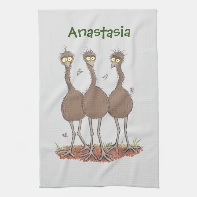 Funny Australian emu trio cartoon illustration Kitchen Towel (Vertical)