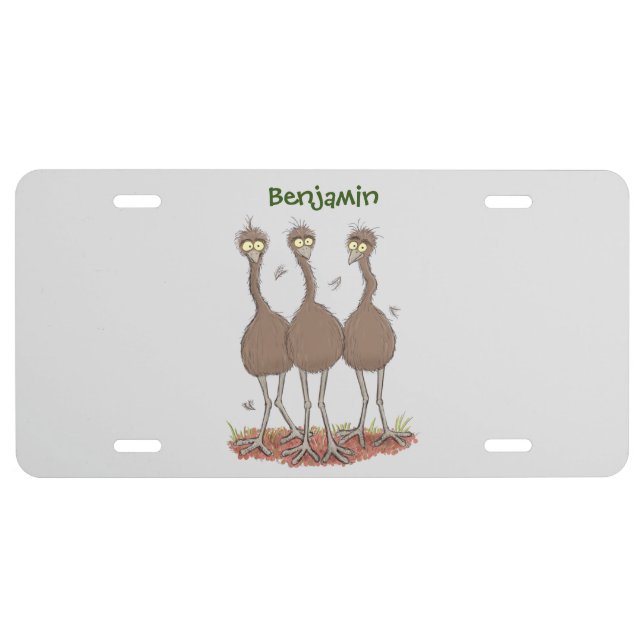 Funny Australian emu trio cartoon illustration License Plate (Front)