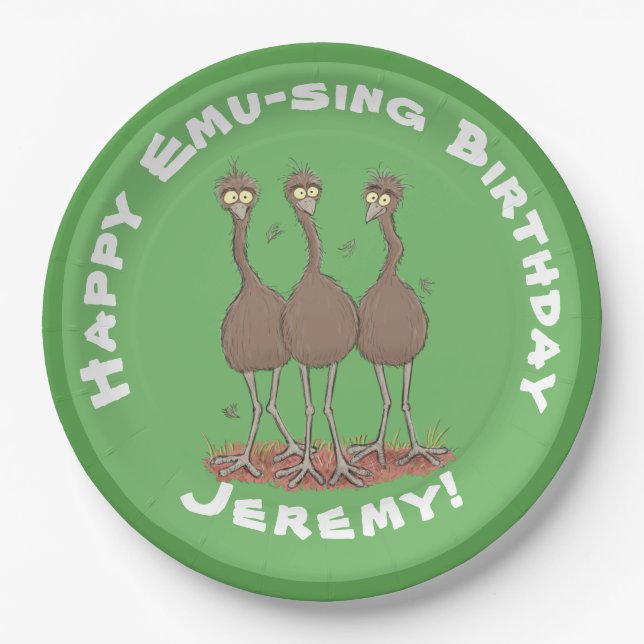 Funny Australian emu trio cartoon illustration Paper Plates (Front)
