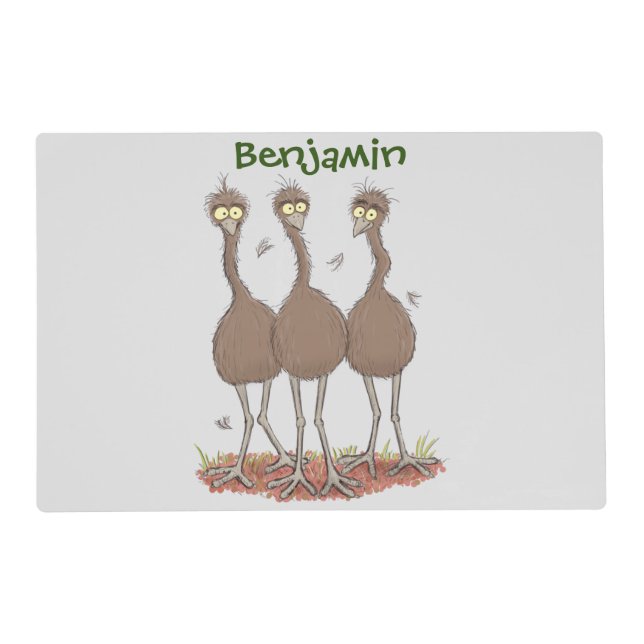 Funny Australian emu trio cartoon illustration Placemat (Front)