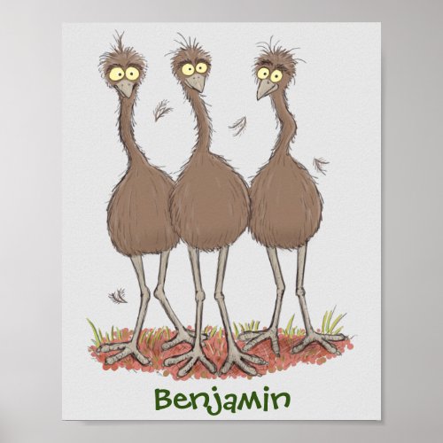 Funny Australian emu trio cartoon illustration Poster