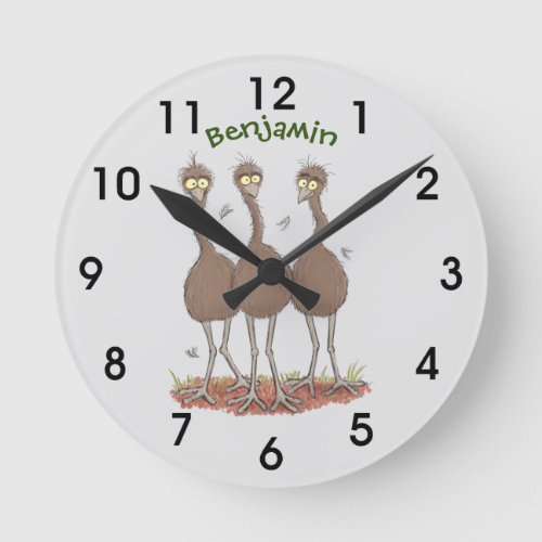 Funny Australian emu trio cartoon illustration Round Clock