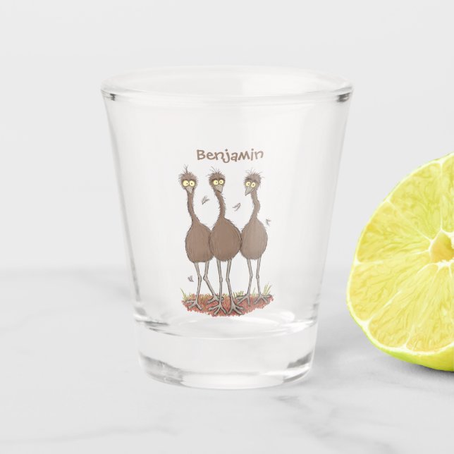 Funny Australian emu trio cartoon illustration Shot Glass (Front)