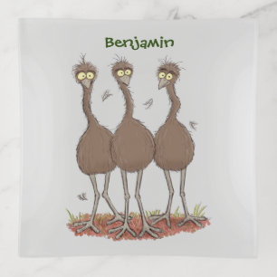 Funny Australian emu trio cartoon illustration Trinket Tray