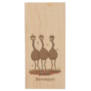 Funny Australian emu trio cartoon illustration Wood Flash Drive
