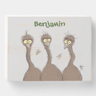Funny Australian emu trio cartoon illustration Wooden Box Sign