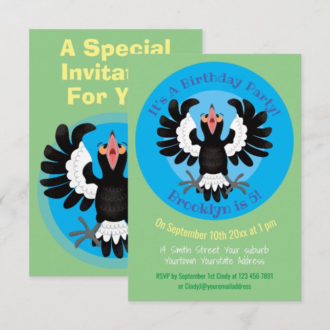Funny Australian magpie cartoon illustration Invitation (Front/Back)