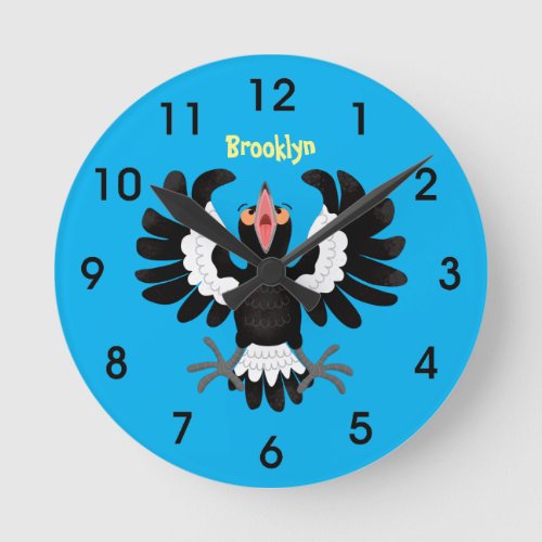 Funny Australian magpie cartoon illustration Round Clock