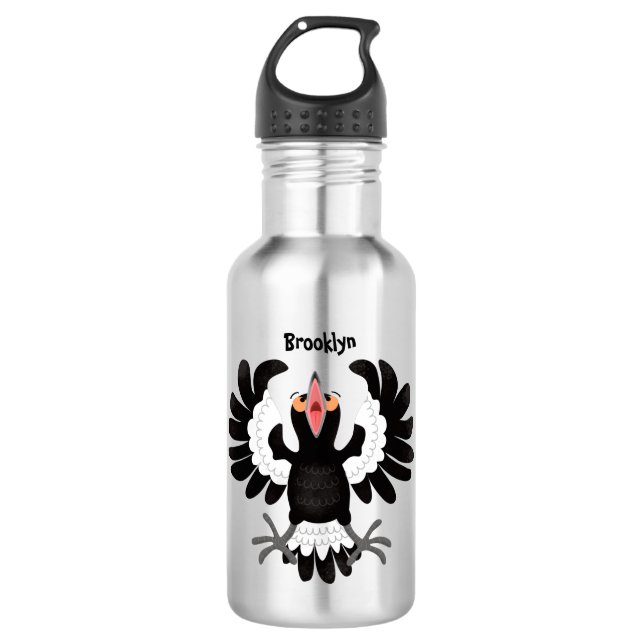 Funny Australian magpie cartoon illustration Stainless Steel Water Bottle (Front)