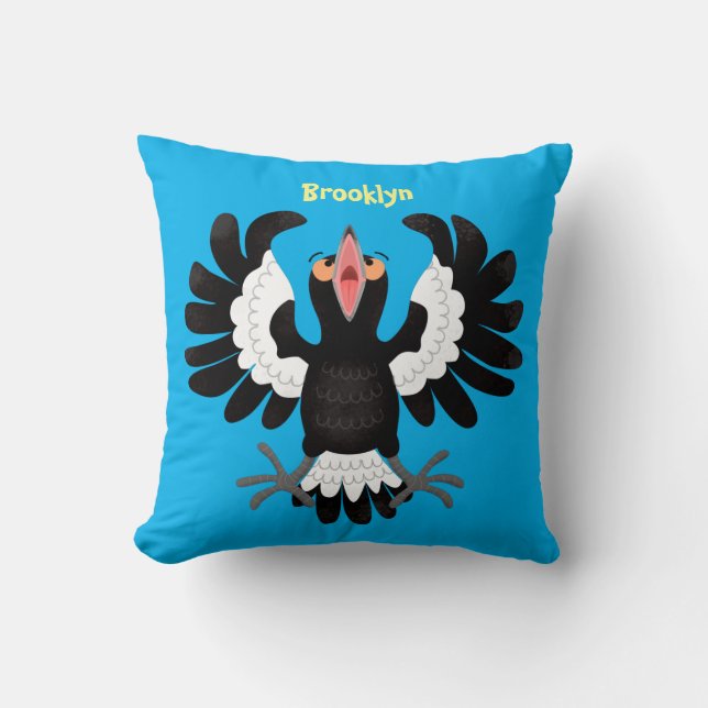 Funny Australian magpie cartoon illustration Throw Pillow (Front)