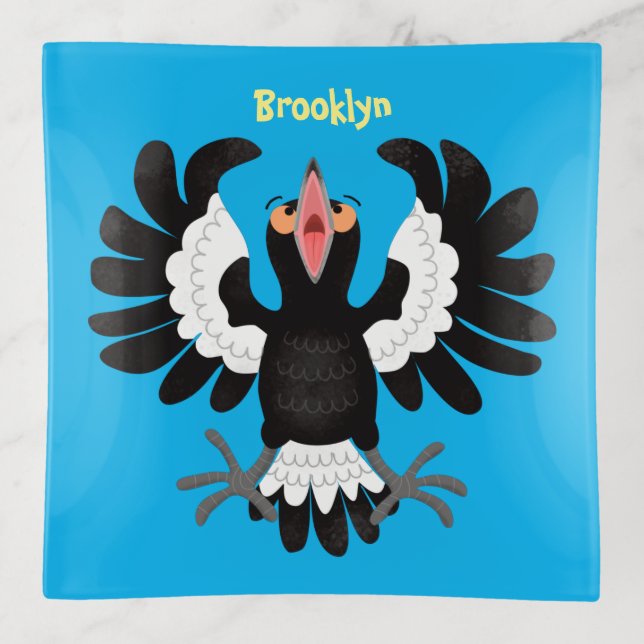 Funny Australian magpie cartoon illustration Trinket Tray (Front)