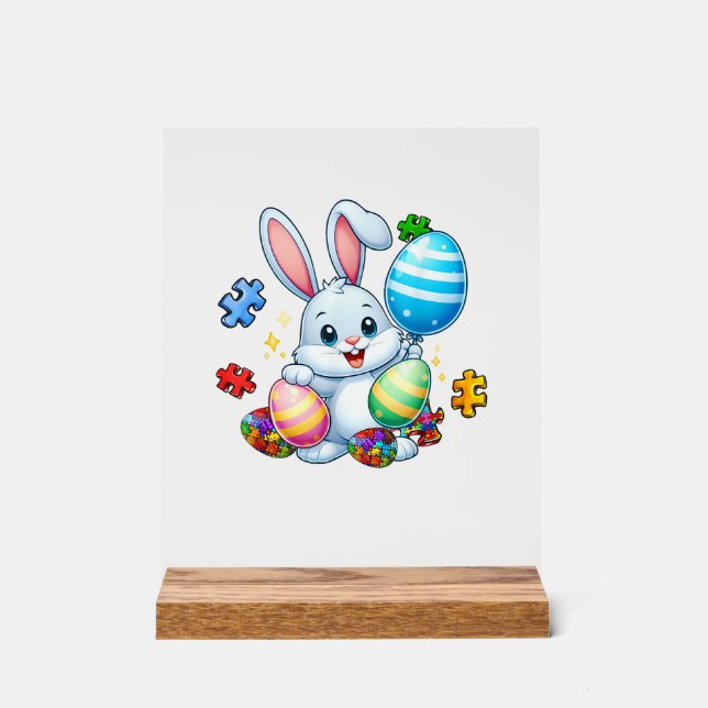 Funny Autism Awareness Puzzle Easter Bunny Eggs Ki Acrylic Sign (Front)