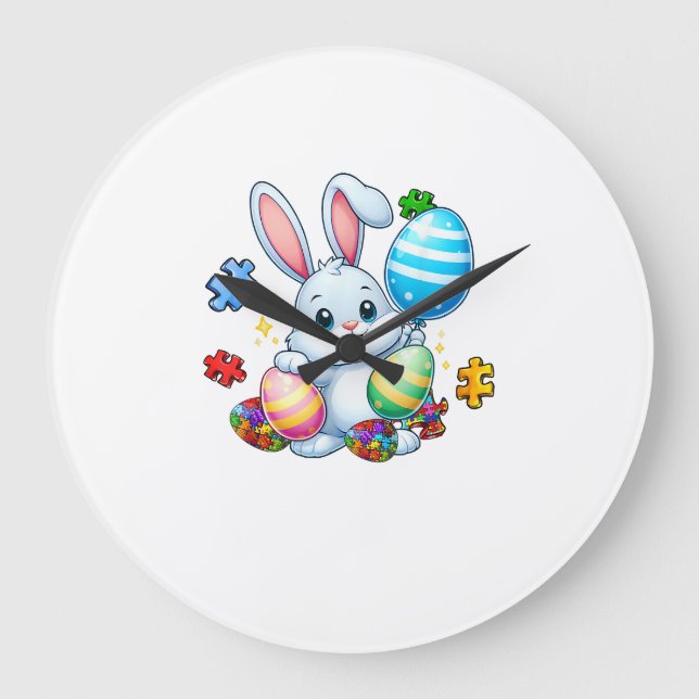 Funny Autism Awareness Puzzle Easter Bunny Eggs Ki Large Clock (Front)