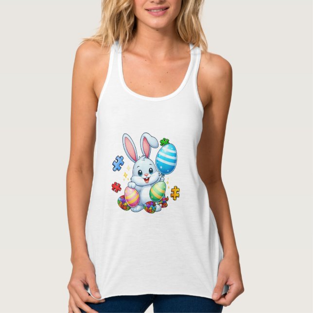 Funny Autism Awareness Puzzle Easter Bunny Eggs Ki Tank Top (Front)