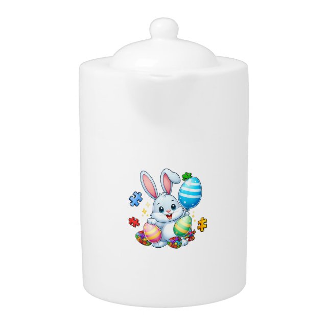 Funny Autism Awareness Puzzle Easter Bunny Eggs Ki Teapot (Front)