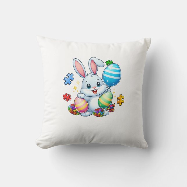 Funny Autism Awareness Puzzle Easter Bunny Eggs Ki Throw Pillow (Front)