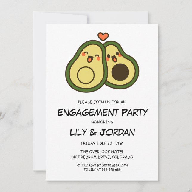 Funny avocado couple cartoon engagement invitation (Front)