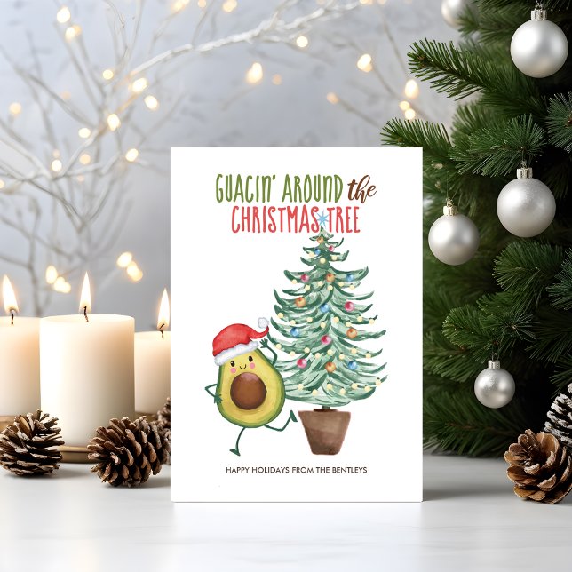 Funny Avocado Santa Guacin' Around Christmas Tree Holiday Card (Creator Uploaded)