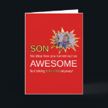 Funny Awesome Son Birthday Card<br><div class="desc">This funny birthday card for son features bold black, red, and yellow text that reads, “Son, no idea how you turned out so awesome but taking credit anyway.” It’s the perfect mix of sarcasm and love—ideal for parents who want to celebrate their son’s birthday with humor and personality. Whether you're...</div>
