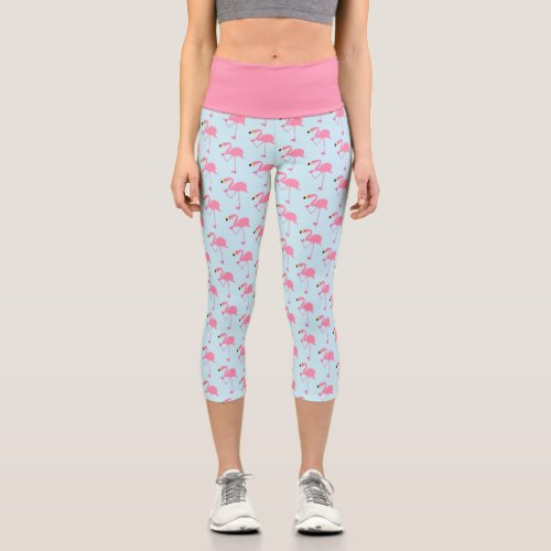 Funny Awkward Flamingos Pattern Pink and Blue Capri Leggings