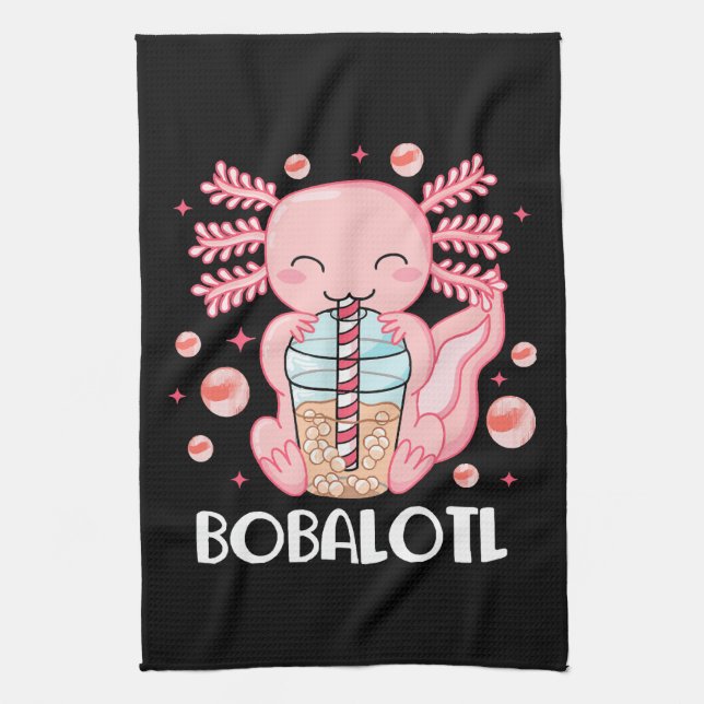 Funny Axolotl Bubble Tea Kitchen Towel (Vertical)