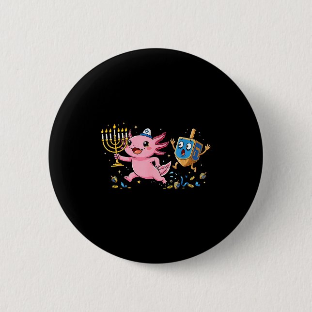 Funny Axolotl Dreidel Menorah Hanukkah Kids Womens Button (Front)