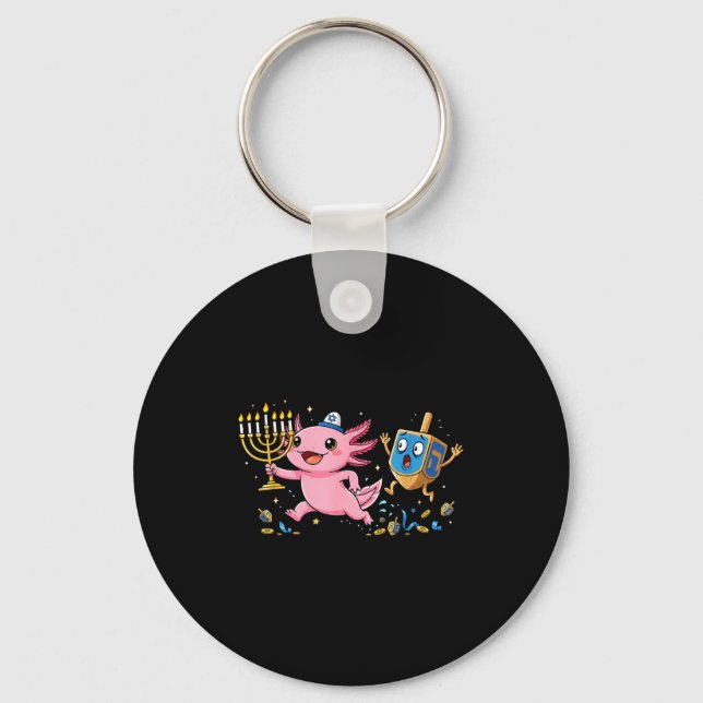 Funny Axolotl Dreidel Menorah Hanukkah Kids Womens Keychain (Front)