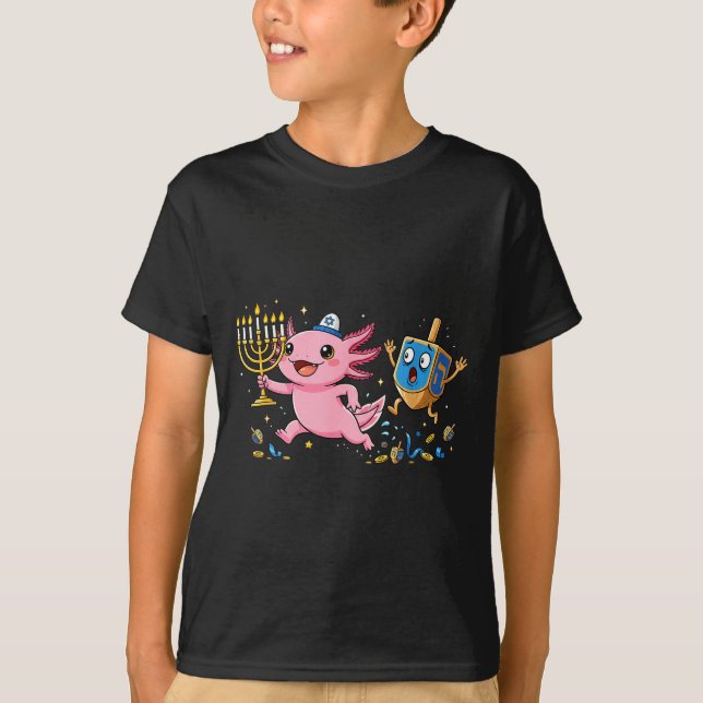 Funny Axolotl Dreidel Menorah Hanukkah Kids Womens T-Shirt (Front)