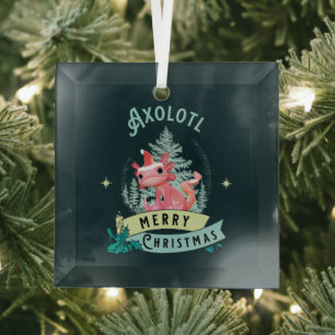 Funny Axolotl Merry Christmas Glass Ornament