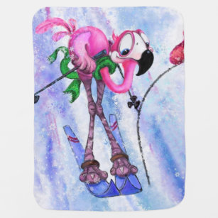 Funny Baby Blanket Gift with Pink Flamingo Skier